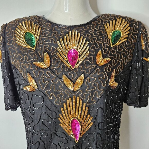 Vintage Denise Elle Black Silk Blouse Peacock Sequins Bling Holidays Party Top - Picture 5 of 12